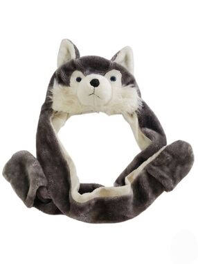 Unbranded Plush Husky Winter Hat With Mittens Gray White